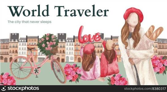 Billboard template with Eifel in Paris lover concept,watercolor style
