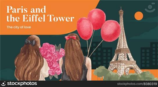 Billboard template with Eifel in Paris lover concept,watercolor style 