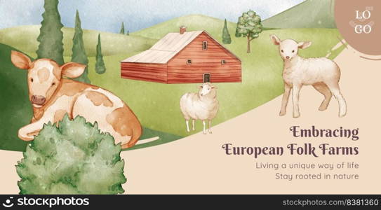 Billboard template with European folk farm life concept,watercolor style
