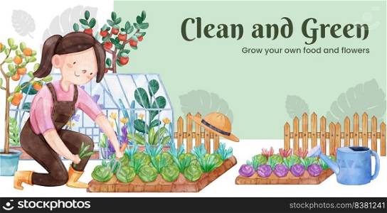 Billboard template with gardening home concept,watercolor style 
