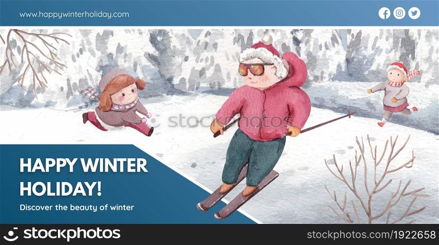 Billboard template with happy winter concept,watercolor style