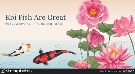 Billboard template with koi fish concept,watercolor style. 