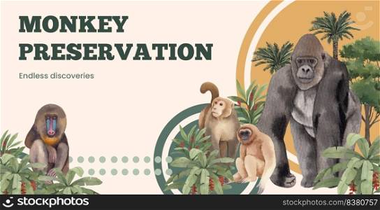 Billboard template with monkey in the jungle concept,watercolor style 