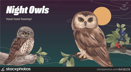 Billboard template with owl bird concept,watercolor style 