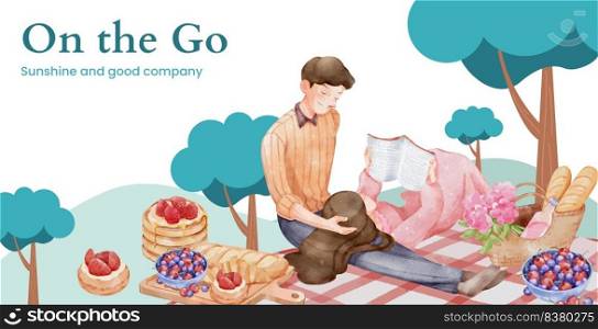 Billboard template with picnic day concept,watercolor style 
