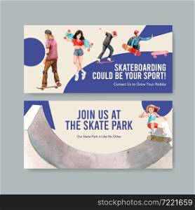 Billboard template with skateboard design concept for advertise and marketing watercolor vector illustration.