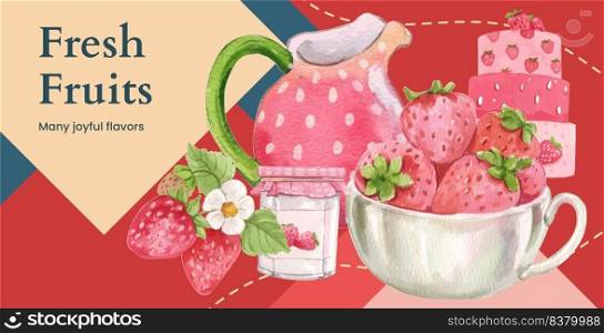 Billboard template with strawberry harvest concept,watercolor style  