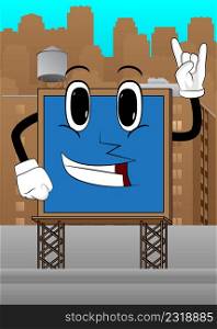 Billboard with hands in rocker pose. Cute cartoon advertisement sign, banner character.