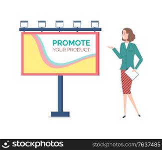 Billboard with promotion of ad, woman presenting new way of business involvement, board with abstract design and text, lights and info advertisement. Vector illustration in flat cartoon style. Promote Advertisement Woman Showing Billboard