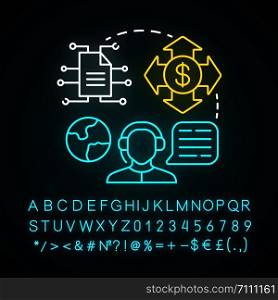 Biller payment provider neon light concept icon. Financial customer service. Invoice providing. Billing idea. Glowing sign with alphabet, numbers and symbols. Vector isolated illustration
