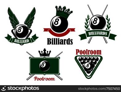 Billiard and poolroom emblems or icons set with wings, crown, crosses cues, ball and decorations. Billiard and poolroom emblems or icons