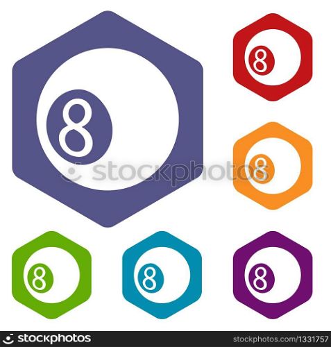 Billiard ball icons vector colorful hexahedron set collection isolated on white. Billiard ball icons vector hexahedron