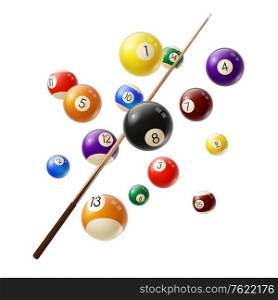 Billiard balls and cue 3d realistic vector. Various color billiard balls with digits flying in air, wooden cue isolated on white background. Snooker or pool club, sport competition equipment. Billiard balls and cue 3d realistic vector