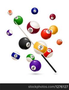 Billiard balls and cue realistic design of sport game. Vector snooker or pool billiard equipment of colorful balls with numbers and wooden cue stick, competition, leisure activity and gambling game. Billiard sport game realistic balls and cue