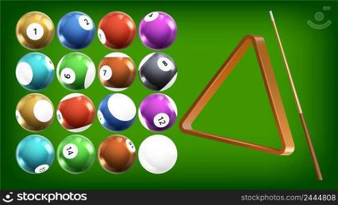Billiard Balls, Wooden Triangle And Cue Set Vector. Billiard Game Playing Accessories For Hitting Sphere On Snooker Pool Table. Gambling Equipment For Leisure Time Template Realistic 3d Illustrations. Billiard Balls, Wooden Triangle And Cue Set Vector