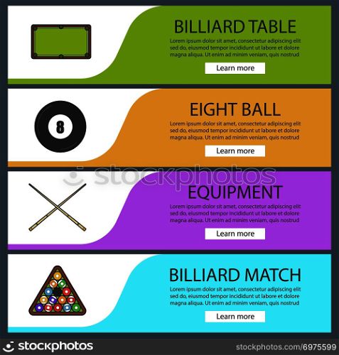Billiard banner templates set. Snooker ball rack, crossed cues, table, eight ball. Website menu items. Color web banner. Vector headers design concepts. Billiard banner templates set
