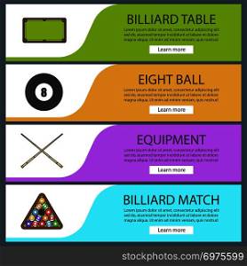 Billiard banner templates set. Snooker ball rack, crossed cues, table, eight ball. Website menu items. Color web banner. Vector headers design concepts. Billiard banner templates set