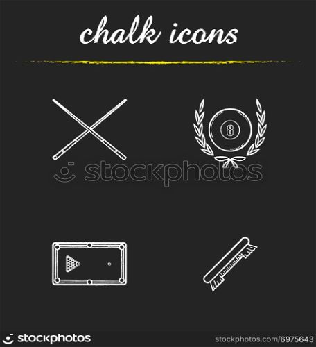 Billiard championship chalk icons set. Cuesports equipment. Billiard brush, table with balls rack, crossed cues and eight ball in laurel wreath. Isolated vector chalkboard illustrations. Billiard championship chalk icons set
