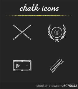 Billiard championship chalk icons set. Cuesports equipment. Billiard brush, table with balls rack, crossed cues and eight ball in laurel wreath. Isolated vector chalkboard illustrations. Billiard championship chalk icons set
