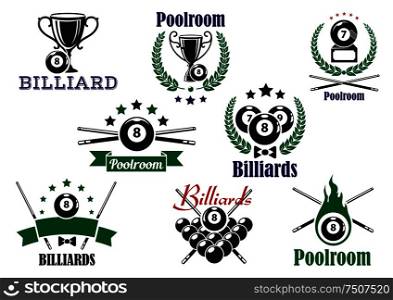 Billiard game or poolroom icons and symbols with balls, trophy cup, crossed cues and decorations. Billiard game or poolroom icons and symbols