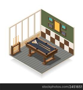 Billiard room interior with game equipment including wooden table, balls, cue sticks, isometric composition vector illustration. Billiard Room Isometric Composition