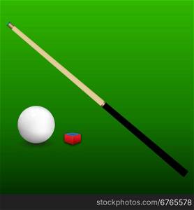 Billiard (snooker) ball with cue and chalk on green background. Vector illustration.