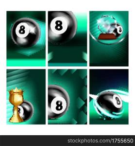 Billiard Sportive Promo Leaflet Posters Set Vector. Black Ball Number Eight, Hitting Stick And Golden Goblet, Billiard Snooker Collection Of Different Banners. Sport Game Concept Layout Illustrations. Billiard Sportive Promo Leaflet Posters Set Vector