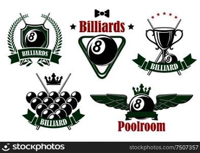 Billiards and poolroom icons with black balls, crossed cues, trophy cup and triangle rack adorned by stars, wings, crowns, wreath and ribbon banners. Billiards icons with game items