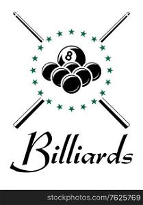 Billiards and snooker sports emblem with balls, cue , stars and text for sporting logo and leisure design