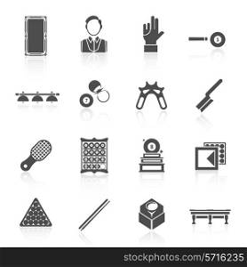Billiards black icons set with trophy player glove ball isolated vector illustration