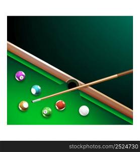 Billiards Championship Promotion Banner Vector. Game Balls And Wooden Stick On Billiards Table For Playing Sportive Activity Advertising Poster. Style Concept Template Illustration. Billiards Championship Promotion Banner Vector