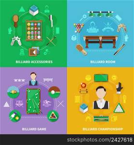 Billiards design concept with sports accessories, game, championship, room with lighting isolated on colorful background vector illustration. Billiards Design Concept