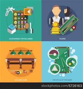 Billiards flat set with accessories player club style of game isolated vector illustration
