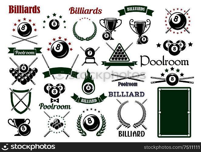 Billiards game and poolroom design elements for sporting emblems templates with crossed cues, table, trophies and balls with stars and flame, heraldic shield, laurel wreaths and ribbon banners . Billiards and pool items for sport game design