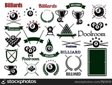 Billiards game and poolroom design elements for sporting emblems templates with crossed cues, table, trophies and balls with stars and flame, heraldic shield, laurel wreaths and ribbon banners . Billiards and pool items for sport game design