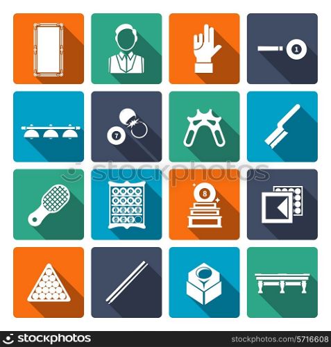 Billiards icons flat set with cue player table shot isolated vector illustration