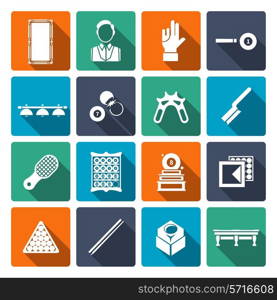 Billiards icons flat set with cue player table shot isolated vector illustration