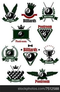 Billiards or poolroom icons with billiard table, balls, cues and triangle rack, decorated by heraldic shield, wreaths, ribbon banners, crowns, wings and stars. Billiards sport game heraldic icons