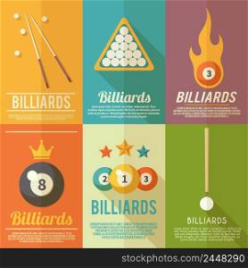 Billiards pool snooker accessories mini poster flat set isolated vector illustration