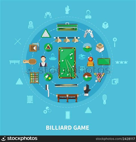 Billiards round composition on blue background with player, sports equipment, game emblems, cleaning accessories vector illustration. Billiards Round Composition