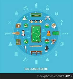 Billiards round composition on blue background with player, sports equipment, game emblems, cleaning accessories vector illustration. Billiards Round Composition