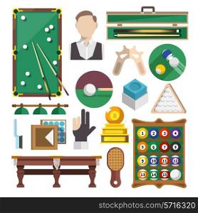 Billiards snooker pool game decorative icons flat set isolated vector illustration