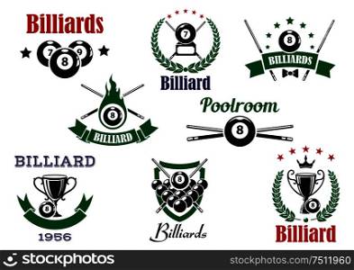Billiards sports icons with billiard balls, cues and trophy cups, decorated by flame, stars, crown, heraldic shield, laurel wreaths and ribbon banners. Billiards sports heraldic icons and elements