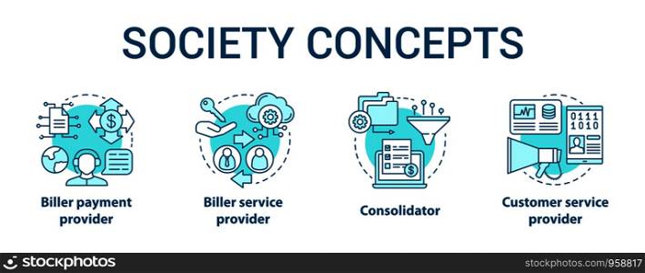 Billing concept icons set. Society idea thin line illustrations. Consolidator and customer service. Biller payment and service provider. E-commerce. Vector isolated outline drawings. Editable stroke