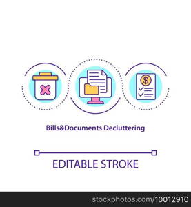 Bills and documents decluttering concept icon. Centralize your papers. Know what to save and for how long. Tidy idea thin line illustration. Vector isolated outline RGB color drawing. Editable stroke. Bills and documents decluttering concept icon
