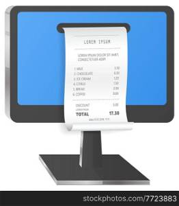 Bills online payment flat isometric vector concept of mobile payment, shoping, banking isolated on white. A paper check sticks out of a monitor screen. Electronic notification of invoice payment. Bills online payment flat isometric vector concept of mobile payment, shoping, banking isolated