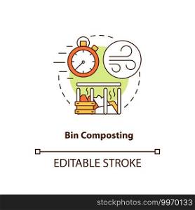 Bin composting concept icon. Composting method idea thin line illustration. Placing organic waste into container. Speeding up decomposition. Vector isolated outline RGB color drawing. Editable stroke. Bin composting concept icon
