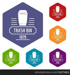 Bin junk icons vector colorful hexahedron set collection isolated on white . Bin junk icons vector hexahedron