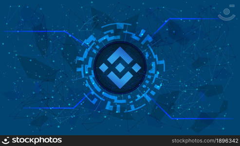 Binance Coin token symbol, BNB coin icon, in a digital circle with a cryptocurrency theme on a blue background. Digital gold in futuristic style for website or banner. Copy space. Vector EPS10.