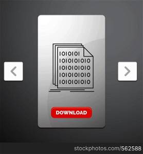 Binary, code, coding, data, document Line Icon in Carousal Pagination Slider Design & Red Download Button. Vector EPS10 Abstract Template background